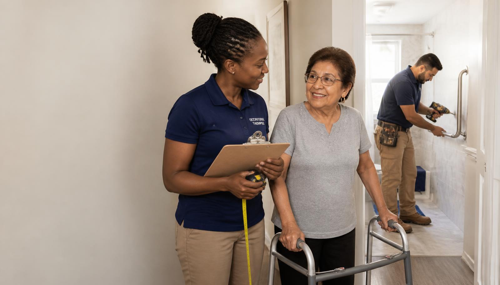 An occupational therapist reviewing home accessibility with an older adult