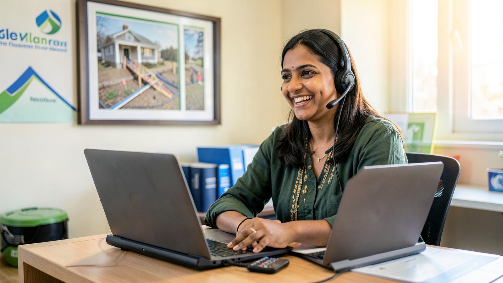 A HomeSafe program coordinator smiling while answering a community call at her desk
