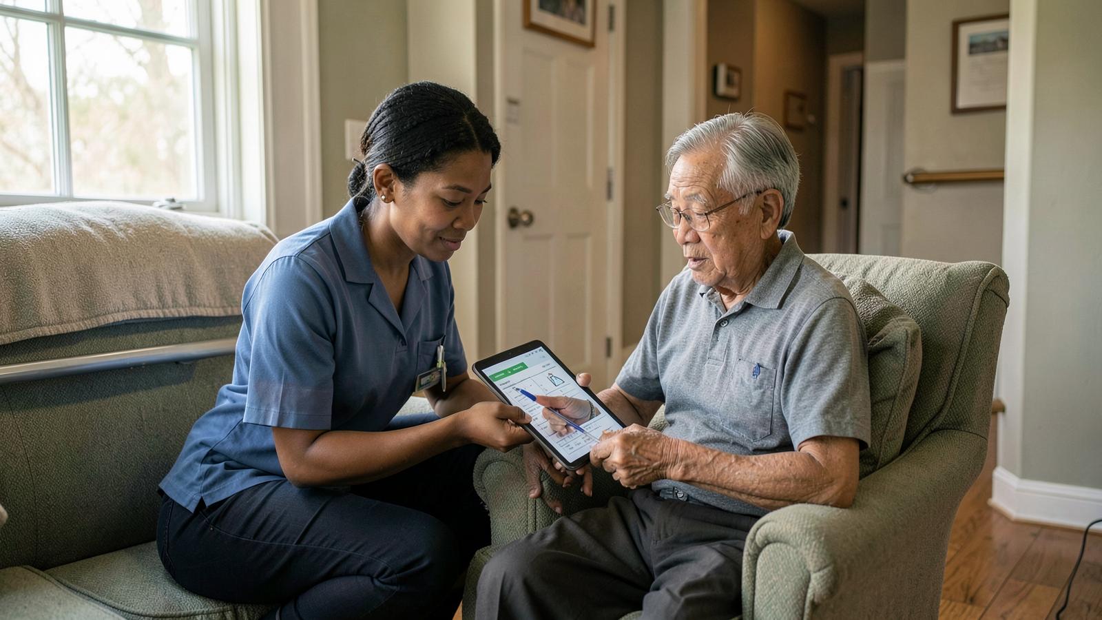 An occupational therapist reviewing a home safety checklist on a tablet with a senior man in his living room