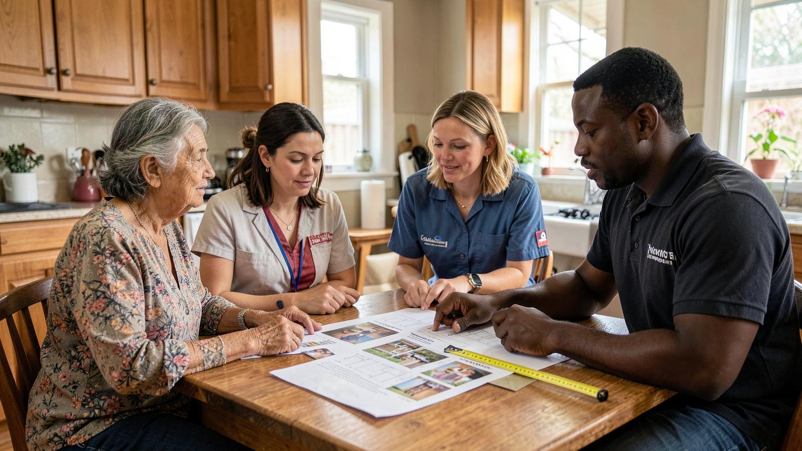 A household, care coordinator and program staff reviewing a home modification plan together at a kitchen table
