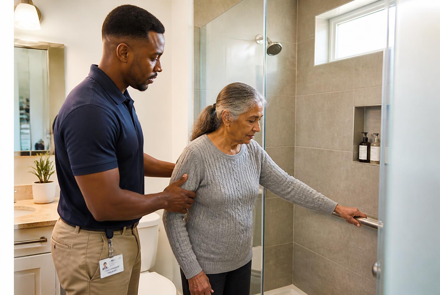 A home safety professional discussing a bathroom grab bar with an older adult