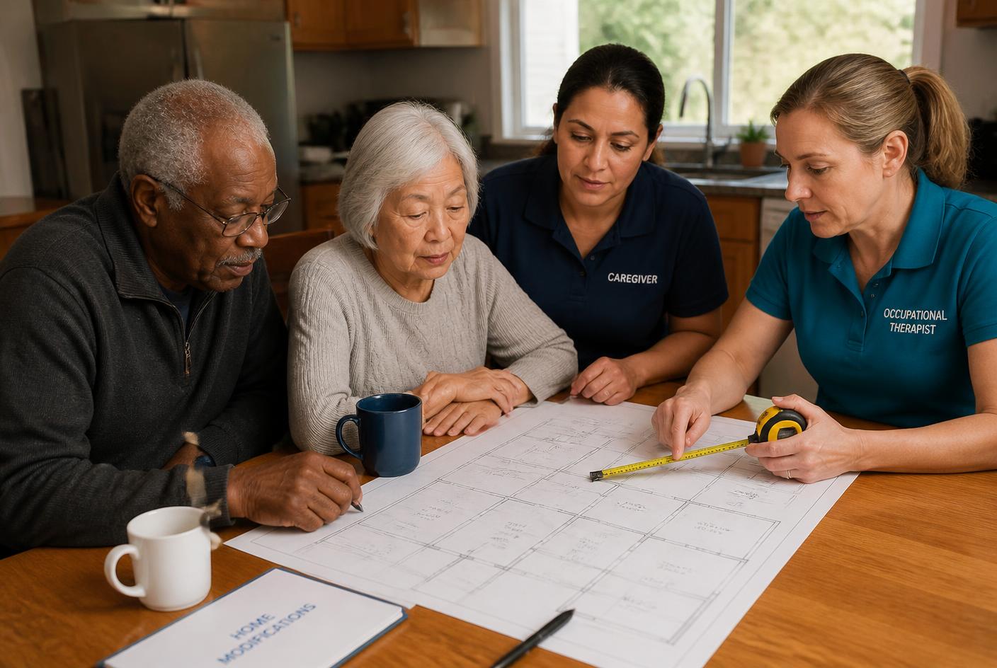 A care team and household reviewing a home modification plan together